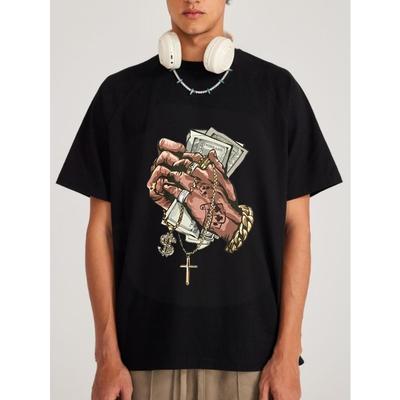 Men's Black T-Shirt With Hands Holding Money And Cross Necklace Print Streetwear Fashion Casual Wear