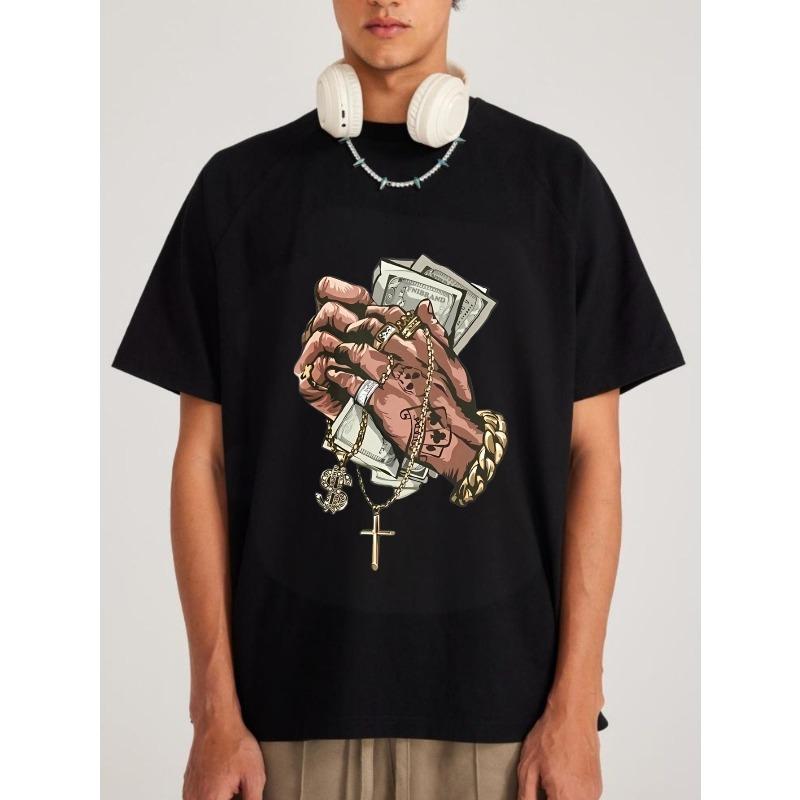 Herren Schwarzes T-Shirt mit Hände, die Geld halten und Kreuzketten-Print Streetwear Mode Freizeitkleidung