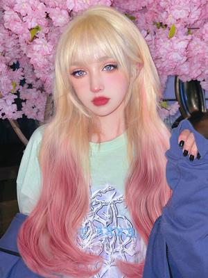 Synthetic Long Wavy Wig 26 Inch Ombre Gold To Pink For WOMEN Cosplay Halloween Wigs with Bangs Heat Resistant Fiber Bangs Hair