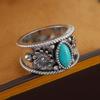 Bohemian Retro Carved Pattern Imitation Turquoise Wide Face Ring, Women's  Trendy Ethnic Style Holiday Accessory
