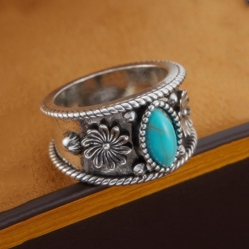 Bohemian Retro Carved Pattern Imitation Turquoise Wide Face Ring, Women's  Trendy Ethnic Style Holiday Accessory