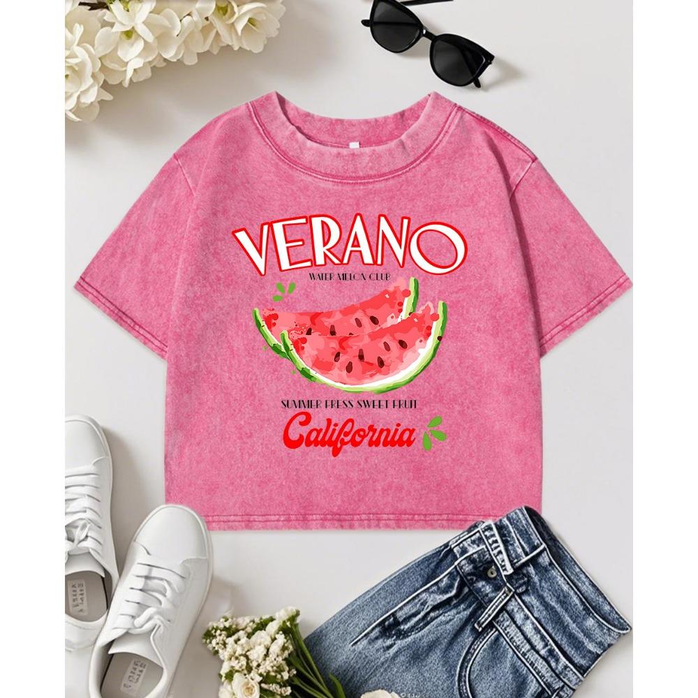 Verano California Summer Watermelon Printing Washed T Shirts Women Y2K Cotton Top Crewneck T-Shirt Summer Sports T-Shirt