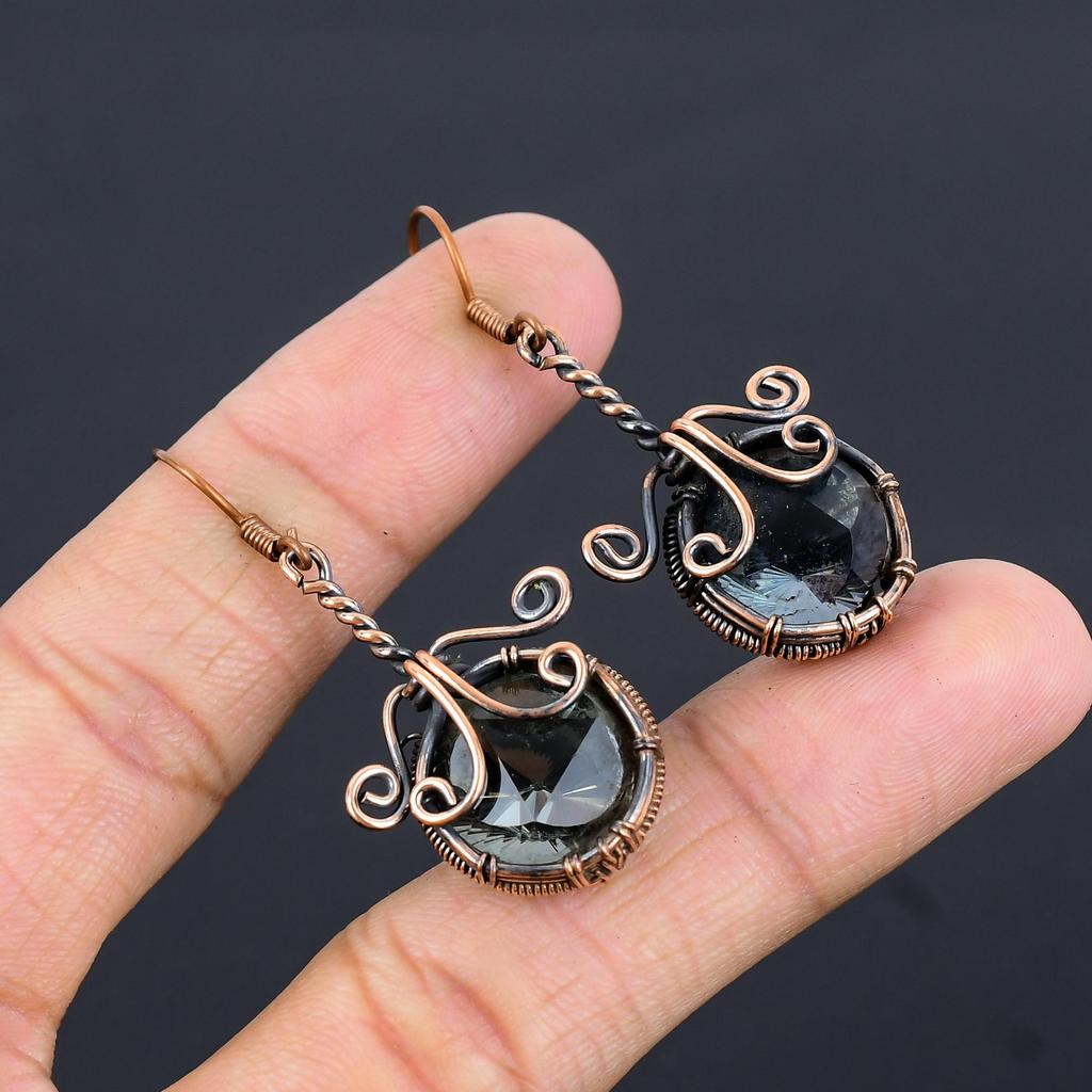 Smoky Topaz Gemstone Earrings, 999 Copper Wire Wrapped Earrings, Handmade Antique Jewelry, Gift For Mother Day