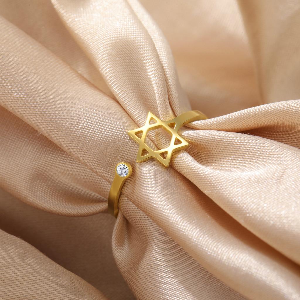 Hexagram Hollow Open Ring With Star Diamond Accents Elegant Versatile Fashion Hand Jewelry