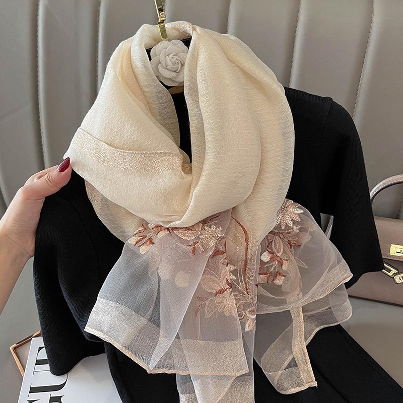 Marca de Lujo Seda Lana Bufanda Mujer Bordado Chal y Wraps Foulard Femenino Hijab Bandana bufandas para señora flores estolas de playa