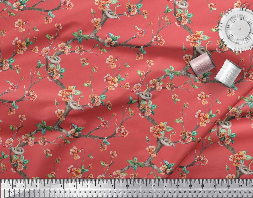 Soimoi Japonská krepová saténová látka Had, listy a květy, květinový potisk v metrech 42 palců
