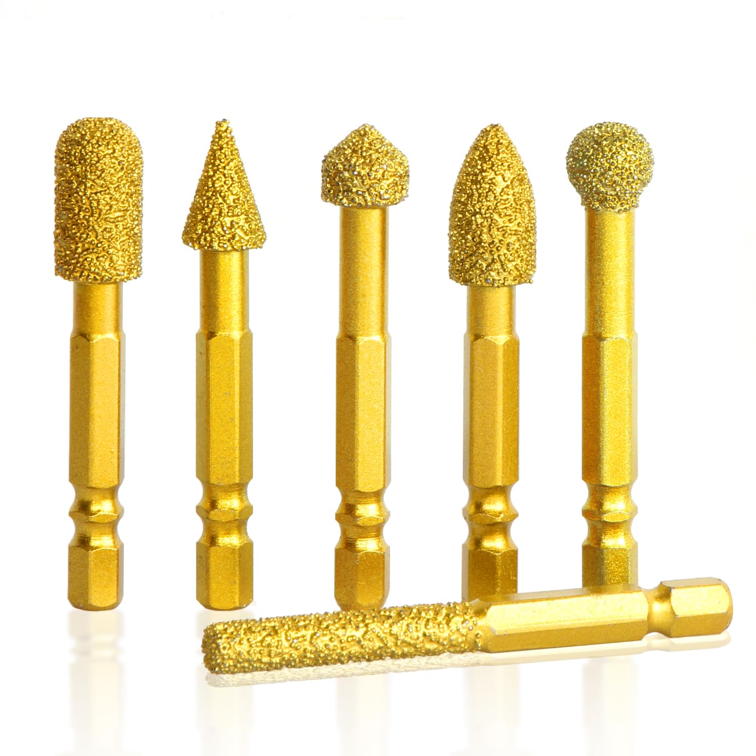 

KIMLONTON Diamond Grinding Stone with Shaft, Diamond Bur, Hex Shank, 6.35mm and 10mm, Set of 6 Grinding Bits for Ceramic, Stone, and Metal