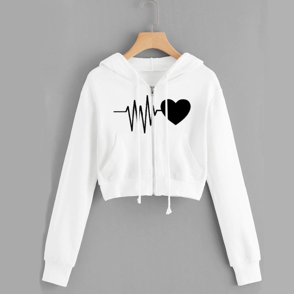 Women Heartbeat Print Long Sleeve Zipper Pocket Shirt Hooded Sweatshirt Tops