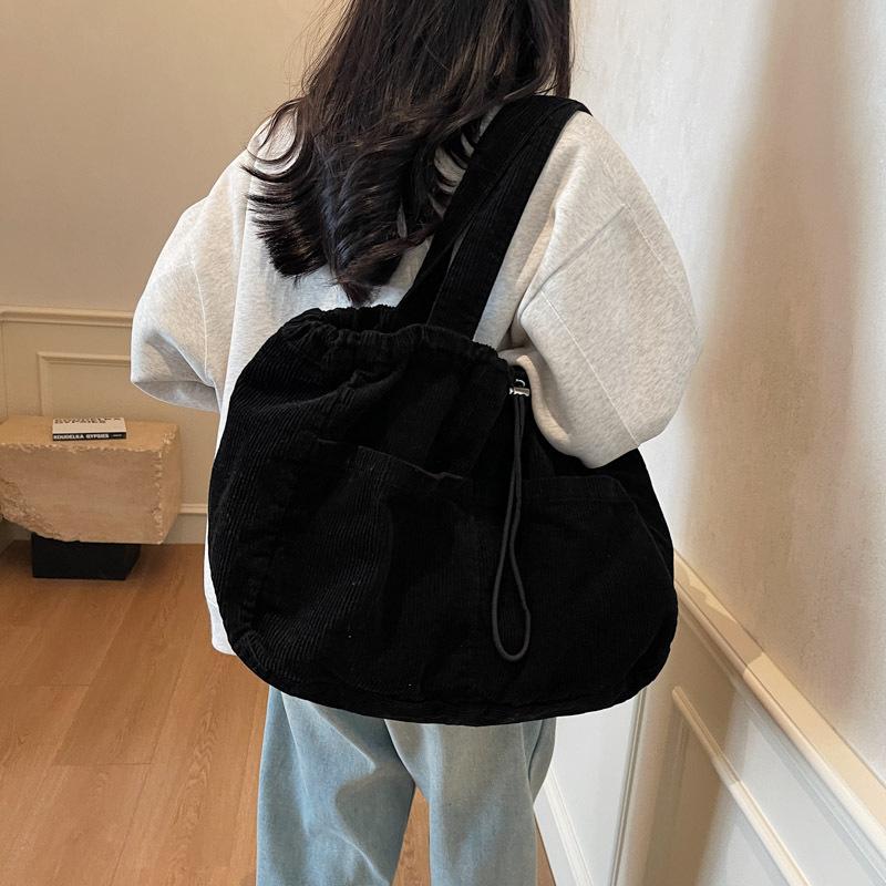 Japanese Retro Corduroy Handbag Canvas Large-Capacity Underarm Bag Fashion Drawstring Shoulder Women'S Bag