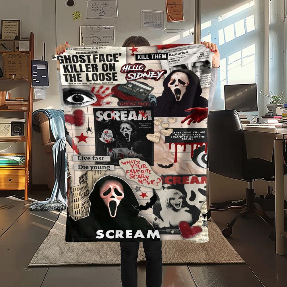 1PC Scream Print Flannel Blanket, High quality Comfortable for All Seasons, Home Decor, Warmth and Comfort, Perfect for Christmas Gifts
