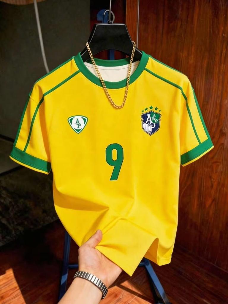 Brazil Football T-Shirt Soccer Jersey Stripe & Retro Print Breathable Quick Dry Training Short Sleeved Tops Tees Chic Clothes