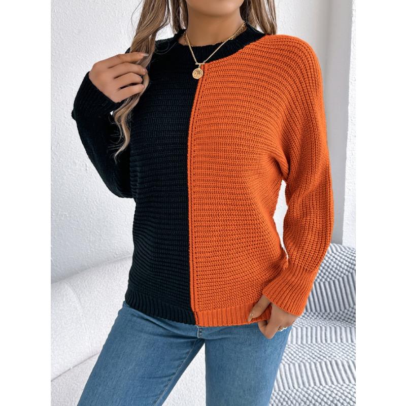 Women S Casual Color Block Round Neck Long Sleeve Pullover Sweater
