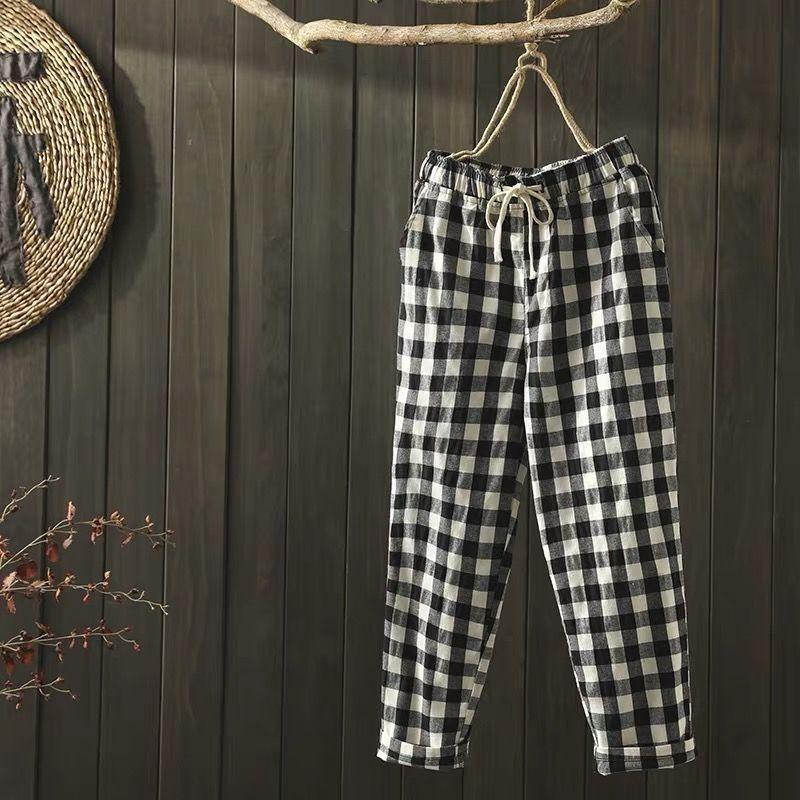 Spring Summer Plaid Pants Women's Harem Pants Capris Drawstring Waist Large Size Casual Loose Trousers Women
