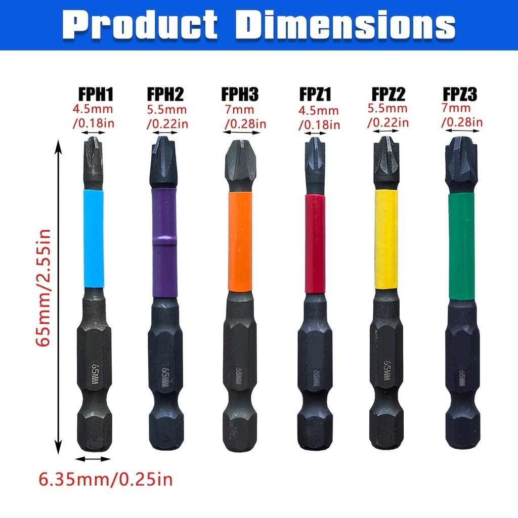 6pcs Cross Screwdriver Bits Set, FPH1/2/3 & FPZ1/2/3, 65mm, High Hardness, for Electric & Manual Screwdriver