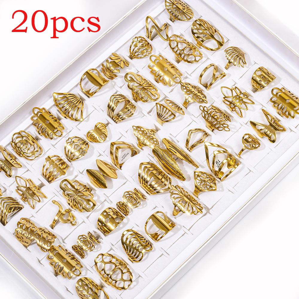 20pcs/lot Women's Fashion Stainless Steel Big And Small Hollow Cut Jewelry Rings Mix Love Flower Heart Style For Party Gift