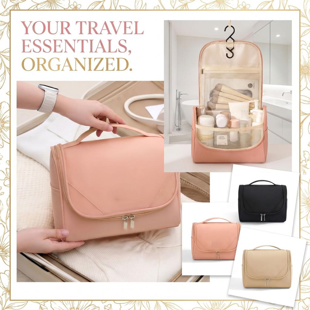 Travel Toiletry Bag with Hook, Large Capacity Cosmetic Makeup Bag for Women, Hanging Toiletries