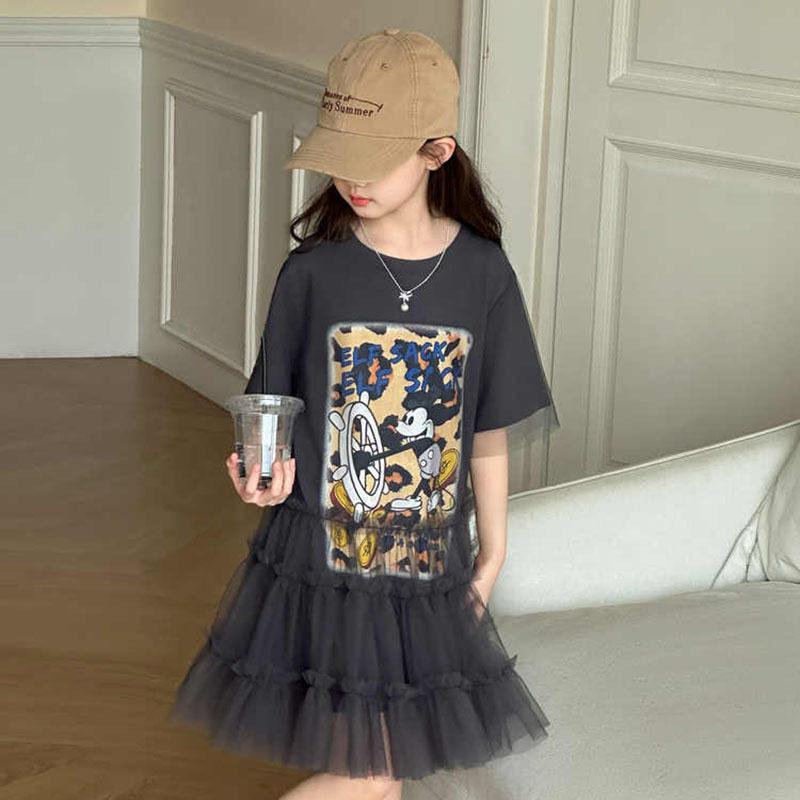 Summer Girls Cartoon Mesh Short Sleeve Dress Sweet Fairy Princess Dress For Big Kids 100