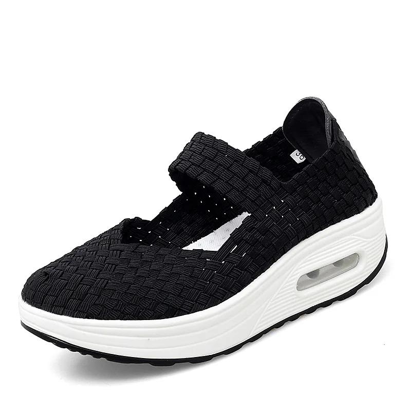  2025 Breathable Casual Women Shoes Loafers Platform Wedges Autumn Woven Slip on Nylon High Heel Pumps Square Dancing