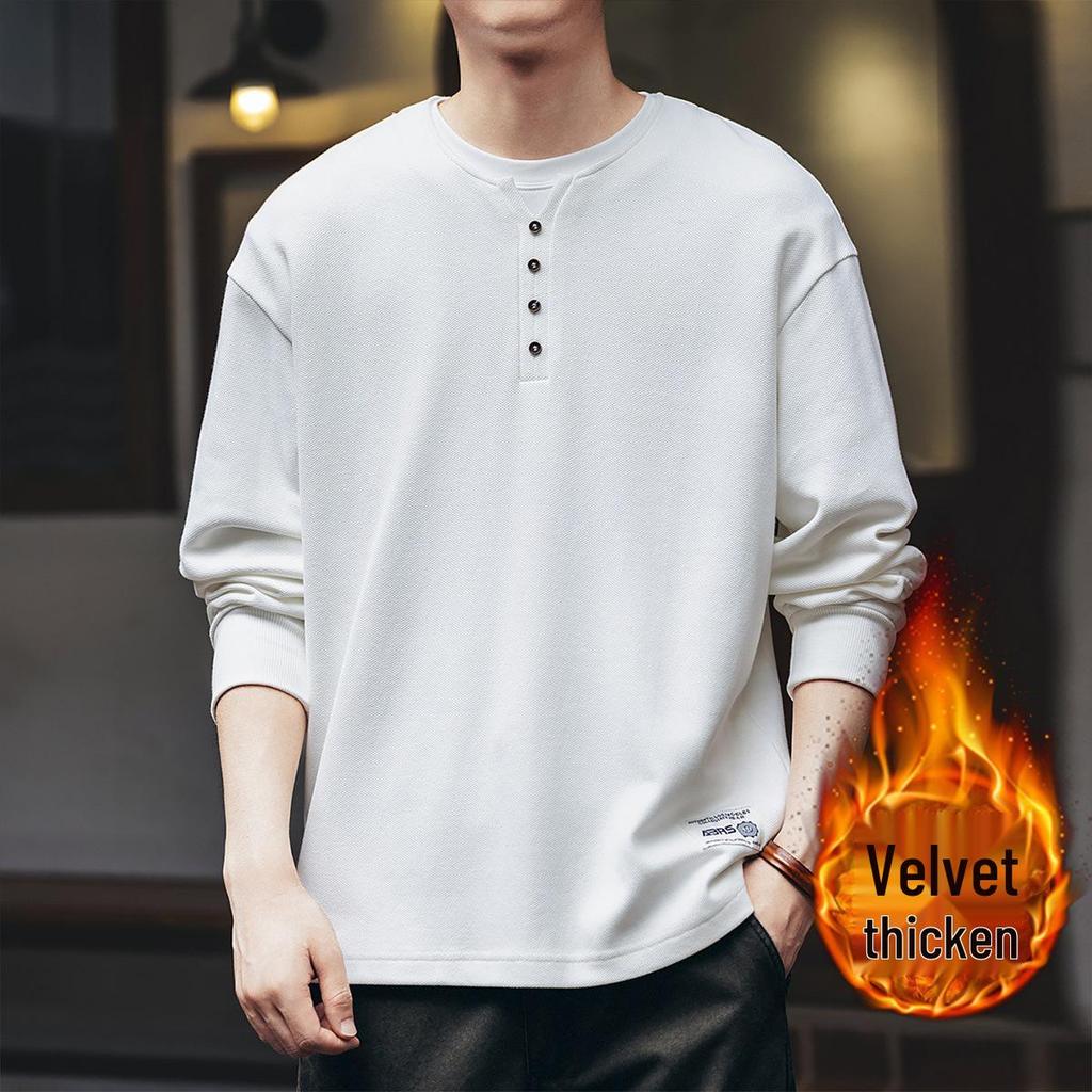Premium Retro American Henley Collar Long Sleeve Men's Hoodie - Autumn Plus Velvet, Loose Fit High-Grade Pure Cotton POLO Shirt
