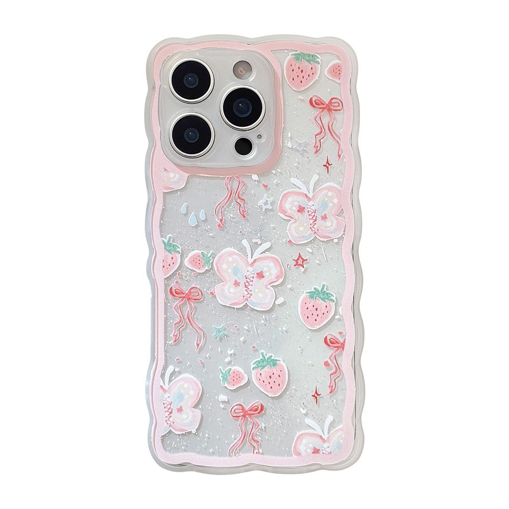 Pink Strawberry Butterfly for IPhone16 Apple 13 Mobile Phone Case 11 Transparent 15promax All Inclusive 14 Sweet