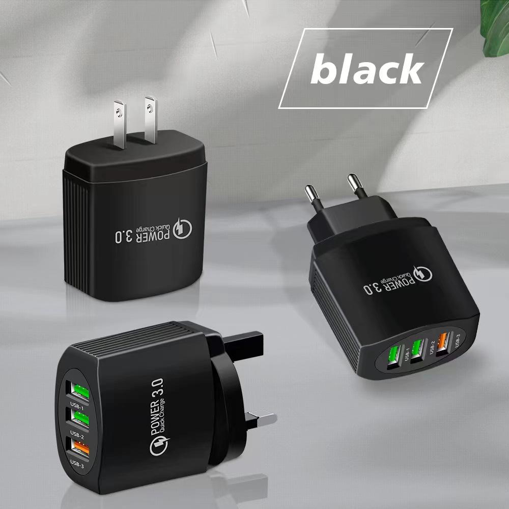 QC3.0 3-USB Multi-Port Charger: 2.4A Fast Charging Head for EU, US, UK Standards.