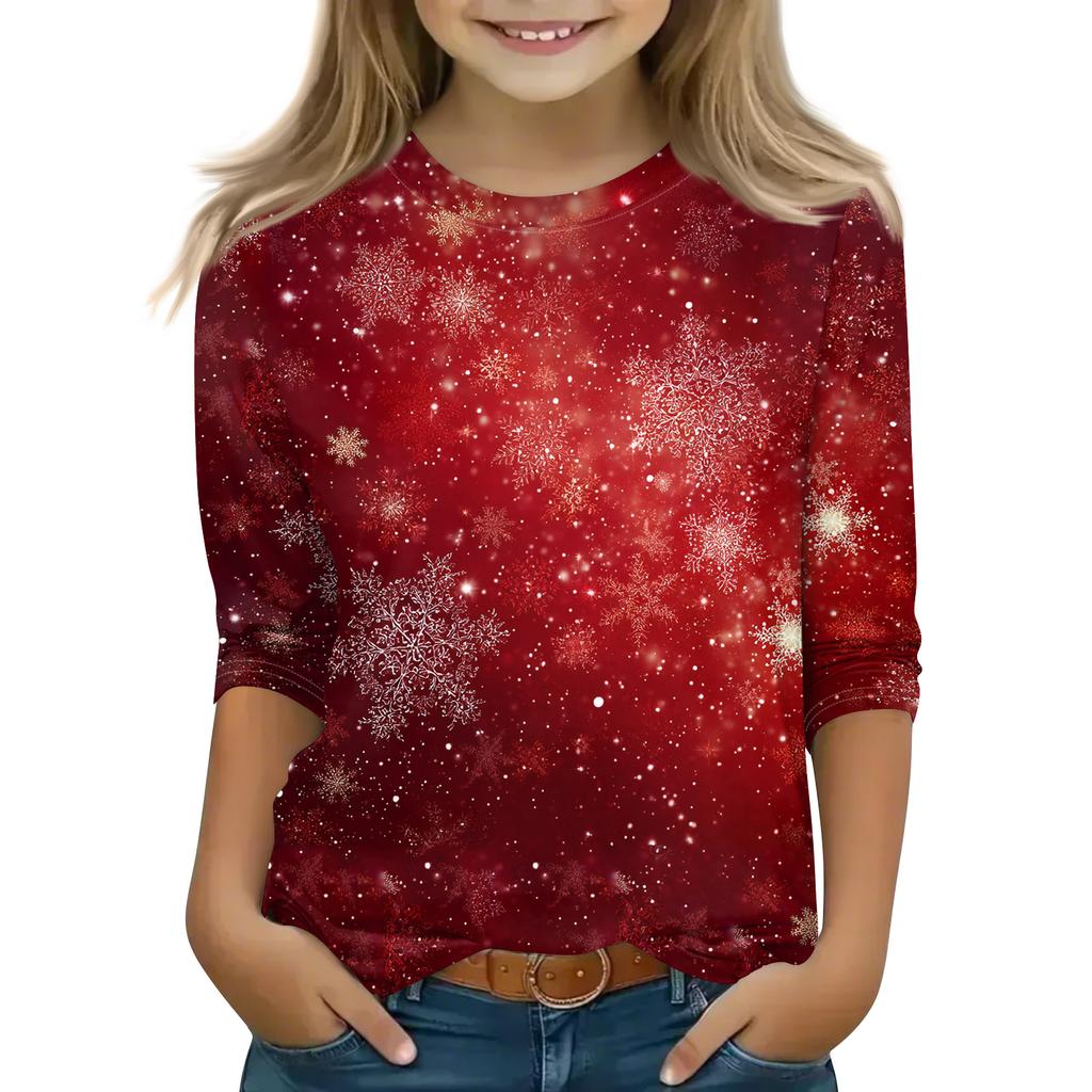 Christmas Day Print Tops For Youth Girls 4-11 Years Round Neck 3/4 Sleeves T-Shirts Trendy Tops Outfit Tees