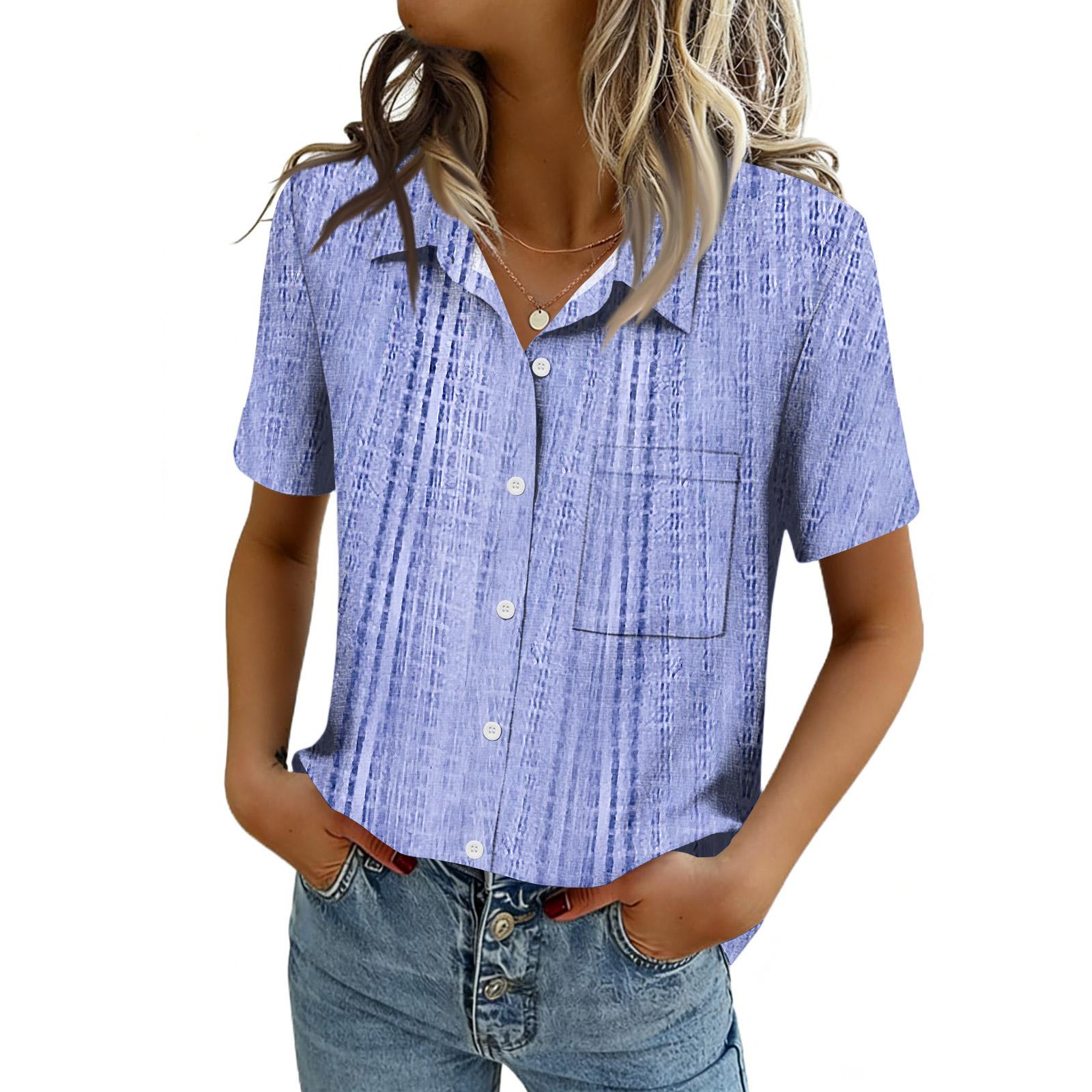 

Женские блузки с коротким рукавом, рубашки на пуговицах, деловые повседневные нарядные рабочие топы, летняя весенняя одежда XL синий