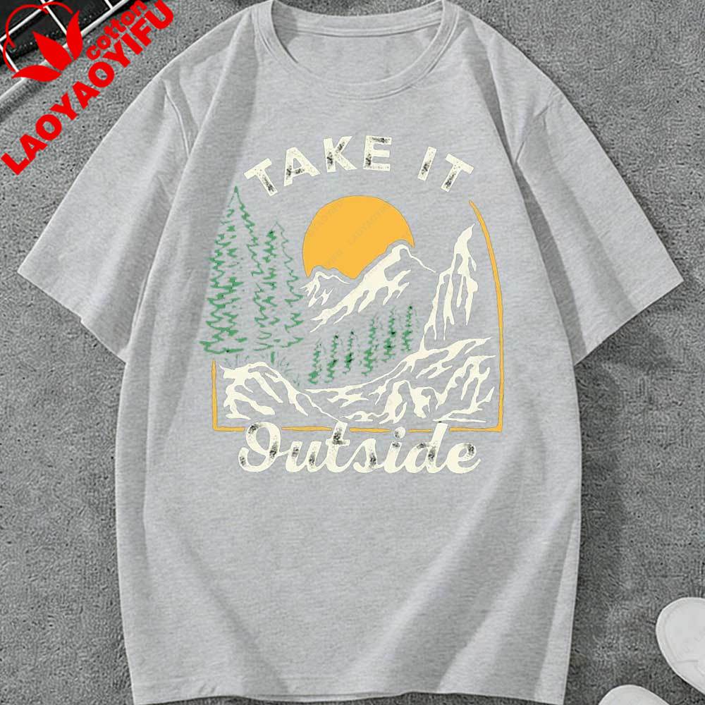 Retro Take It Outside Mountain Sunset TShirt Vintage Outdoor Graphic Cotton Casual Tops Perfect Gift for Hiking Camping Lovers