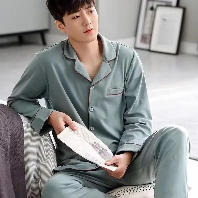 Cotton Men Pyjamas High-Grade and High-Quality 2PCS/Set Long-Sleeved Cardigan Homewear Black Striped Plaidsleepwear
