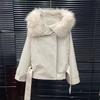 Damen 2025 Herbst/Winter Zweiteiliges Set mit Fellfutter: PU-Lederjacke mit großem Pelzkragen + Rock