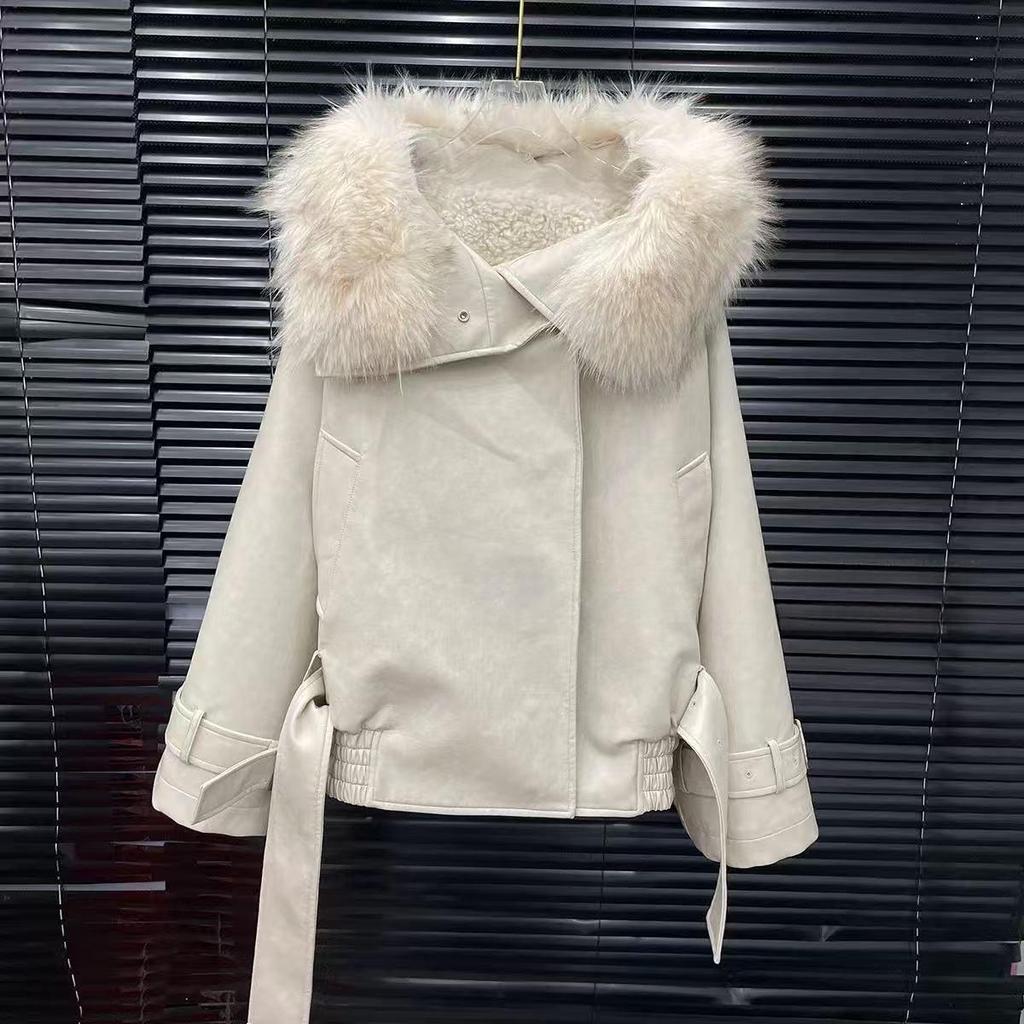 Damen 2025 Herbst/Winter Zweiteiliges Set mit Fellfutter: PU-Lederjacke mit großem Pelzkragen + Rock