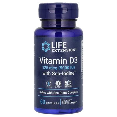 Vitamin D3 mit Meeresjod, 125 mcg (5.000 IE), 60 Kapseln