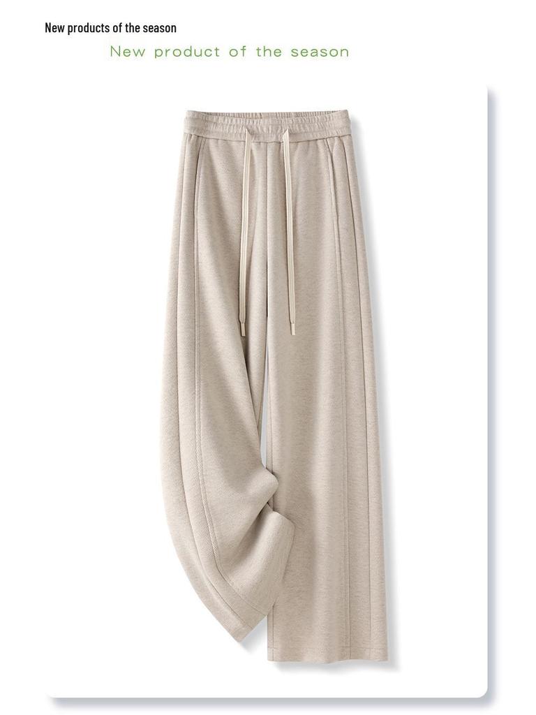 Beige Herringbone Wool Trousers - Women's 2024 Autumn/Winter Narrow Straight-Leg Casual Pants