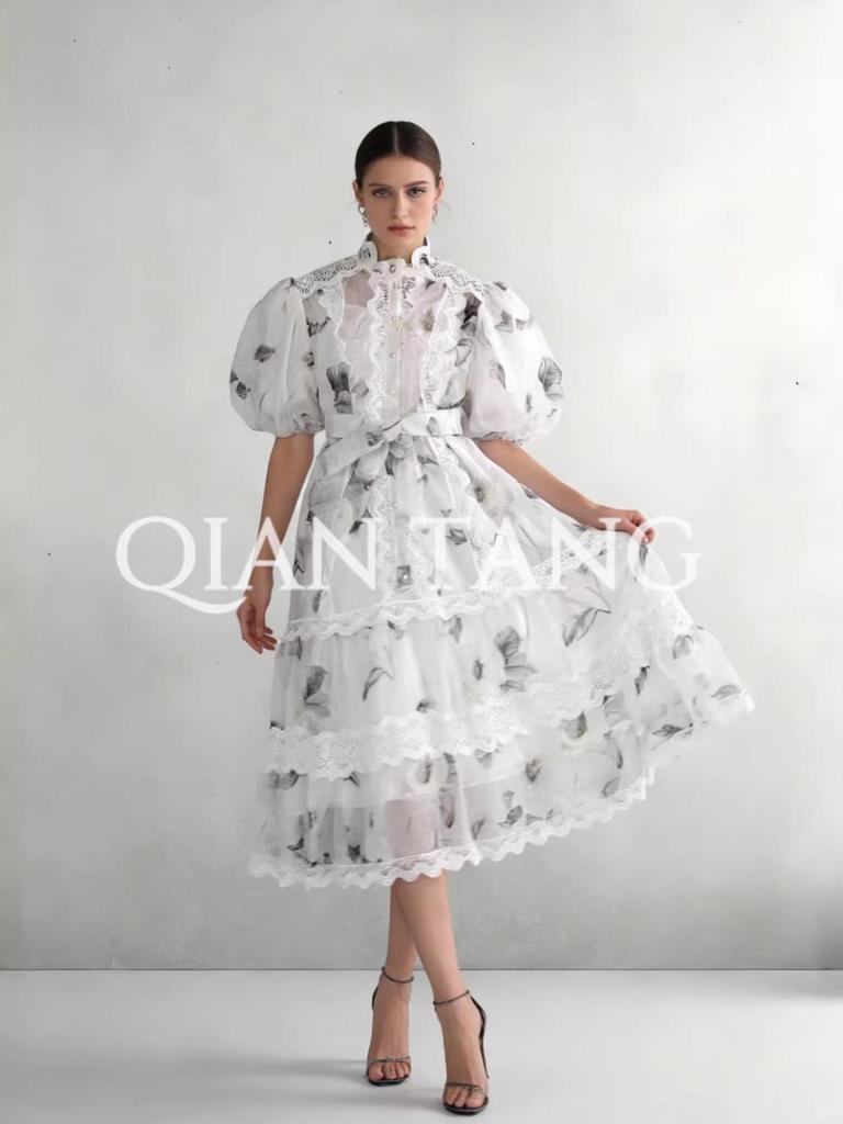 Lace Stand Collar Embroidered Patchwork Puff Sleeve Dress