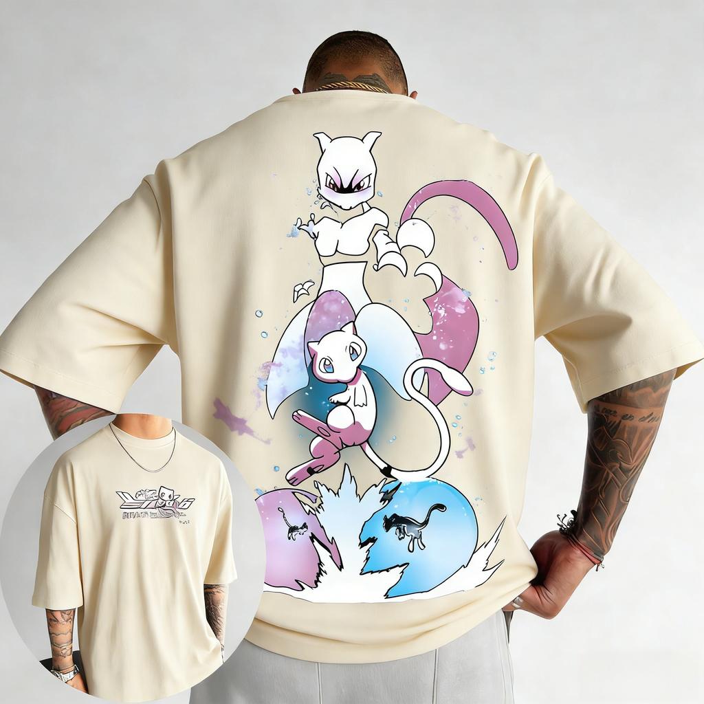 Men's and Women's Cotton T-shirt 2026 Summer New Pikachu Mewtwo Printed Street Hip Hop Casual Loose Y2K Parent Child Top