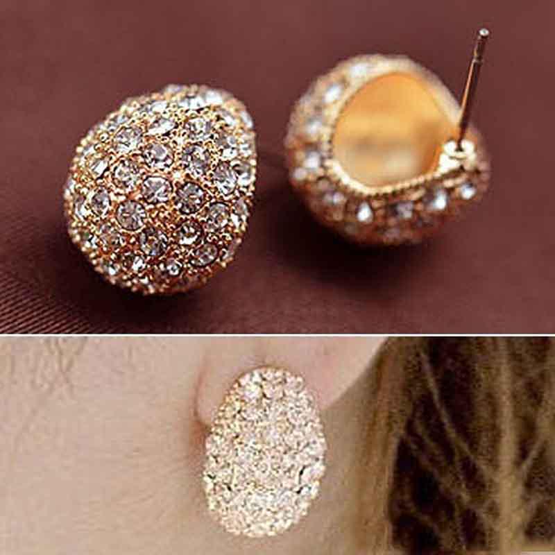 Fashion Korean Womens Style Crescent Moon Rhinestone Shining Stud Earrings