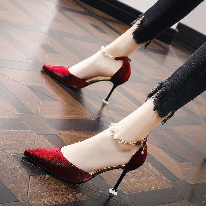 One-word Single Shoes 2025 Autumn New Women's Shoes Red Temperament Banquet Etiquette Pointed High Heels Wedding Shoes Women's Tide
