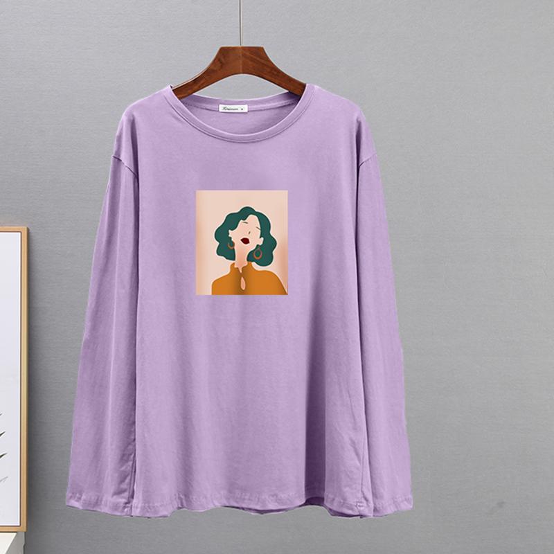 Trička s bavlněným základem Hirsionsan Dámské Jarní Retro Abstraktní postavy Potištěné Trička Dámské Pro volný čas Měkké Dívčí topy s Dlouhým rukávem