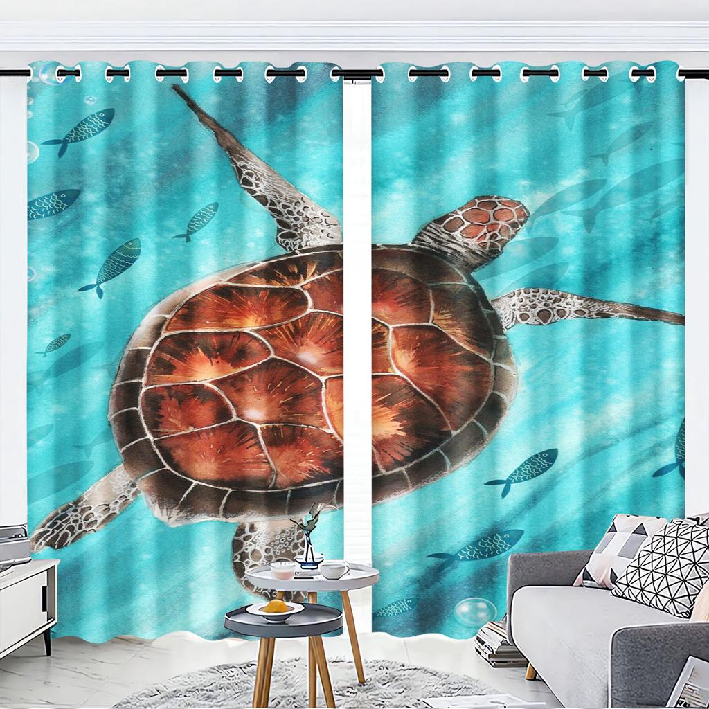 Cartoon Sea Turtles Curtain Sets, Window Decoration, 100% Polyester Shade, Bedroom, Living Room