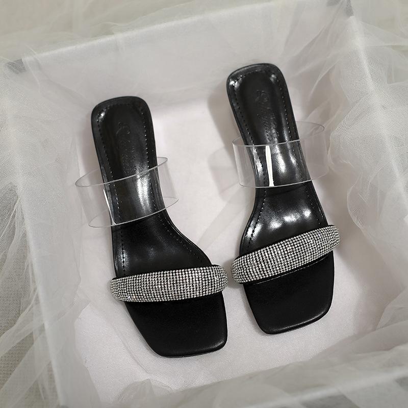Slippers Outer Wear Summer Shoes Medium Heel Thick Heel Crystal Transparent Word with Cool Slippers