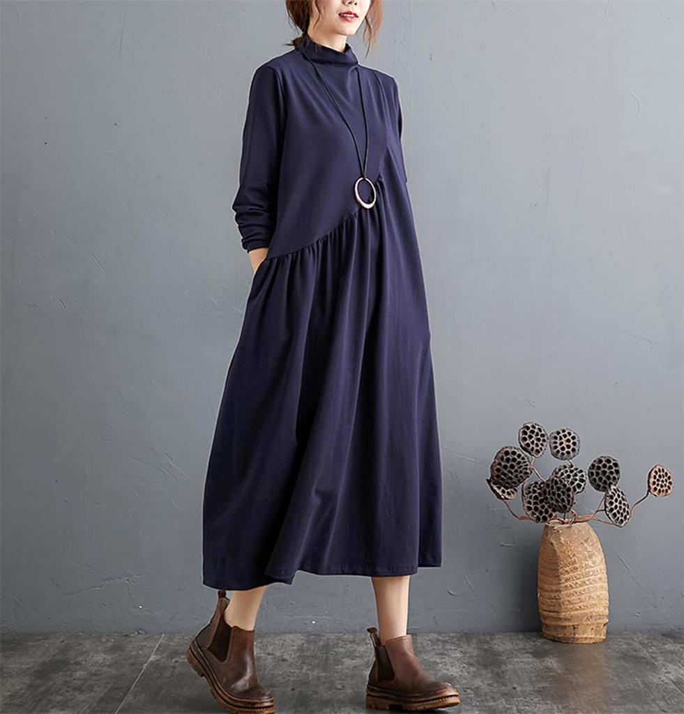 JIYUTOR Turtleneck Long Loose Solid Plus Long Dress for and Winter Women's Dress, Sleeve, Knee-Length, Fit, Color, Simple, Sizes, Slimming, Spring,