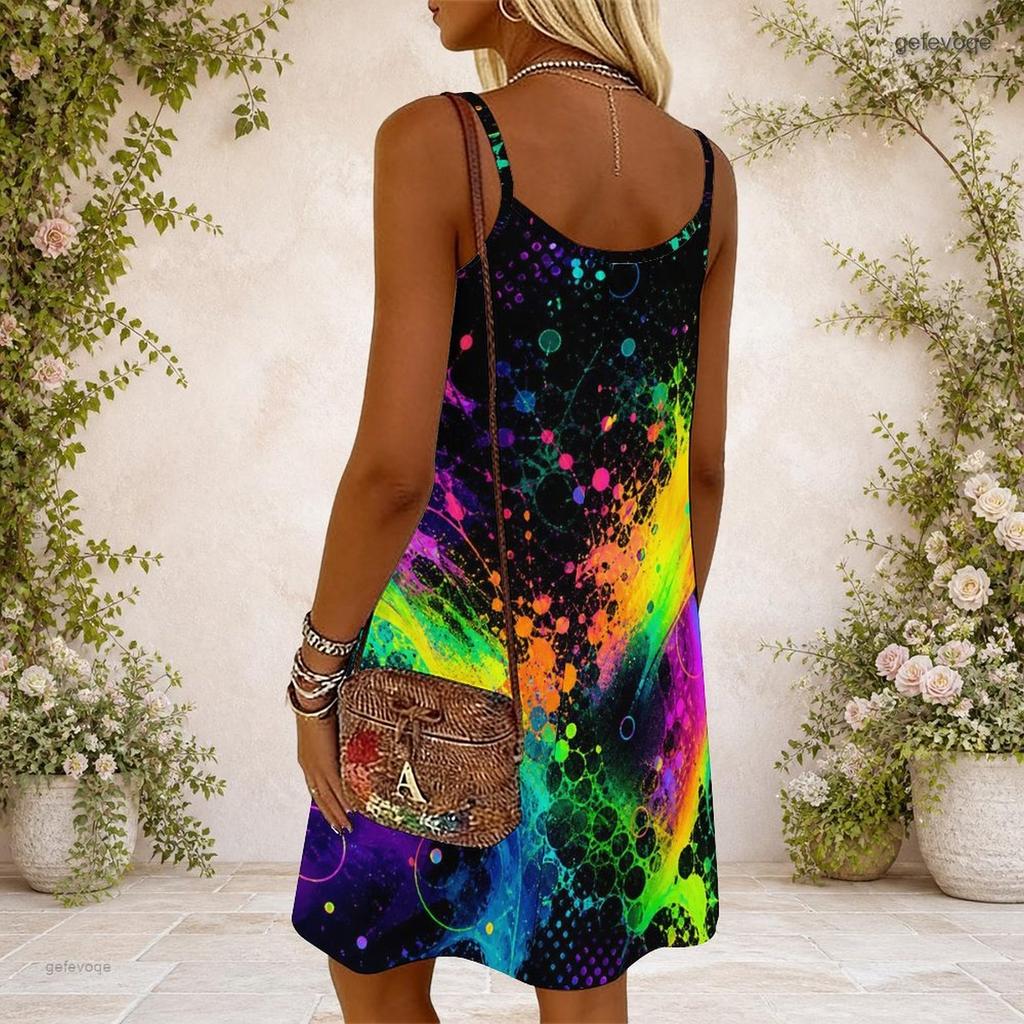 Women Plus Size Sleeveless Cami Dress Round Neck Rainbow Tie Dye Print Loose Casual Dress