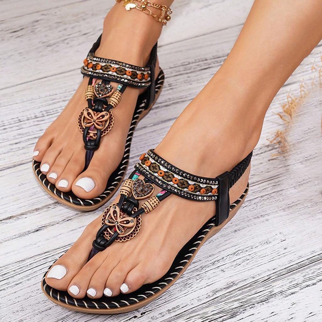 Bohemian Sandals Women'S Thin Soled Thong Sandal With Elastic Straps Comfortable Soft Sole And Cutout Slingback Sandalias