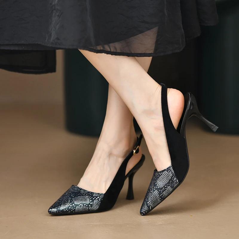 2024 New High Heels Mules Sandals Women Fashion Snake Pattern Thin Heeled Shoes Woman Back Strap Pointed Toe Sandalias