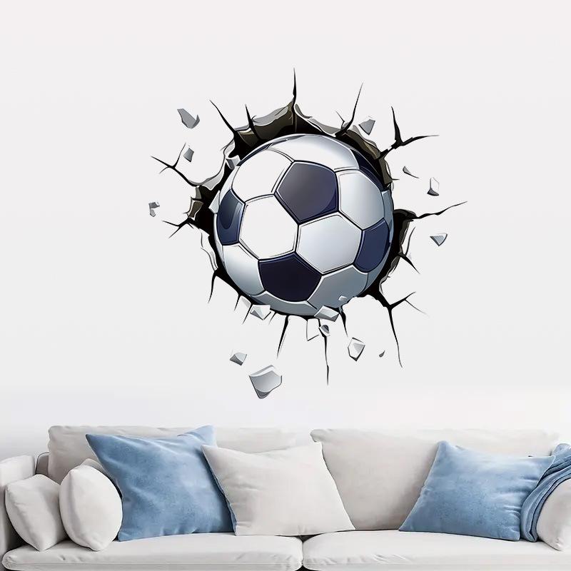 3D Breaking Through Wall Crack Soccer Football PVC Wall Sticker Self-Adhesive Removable for Kids Room Living Room Bedroom Sports Home Decor Art