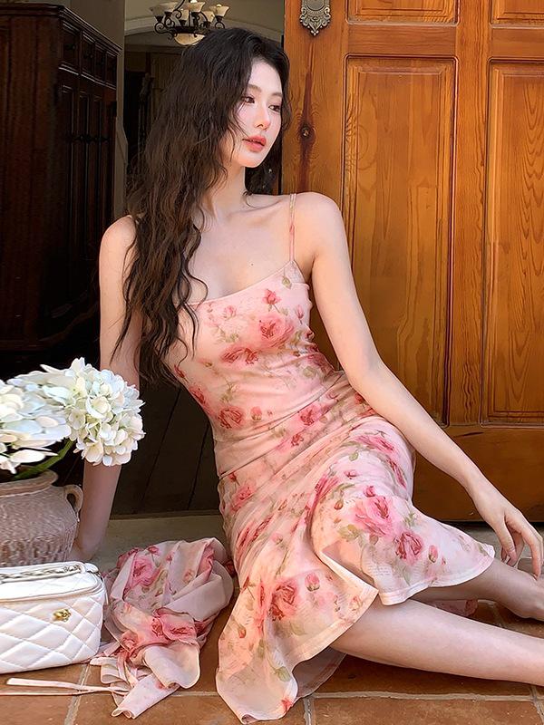 Women's Slim Waist Sleeveless Spring Print Two-Piece Dress