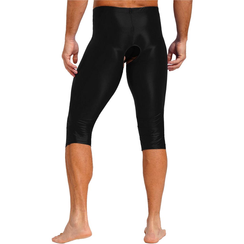 Mens Glossy Open Crotch Shorts Stretchy Elastic Waistband Slim-Fit Leggings Smooth Fabric for Gym Club Outfits