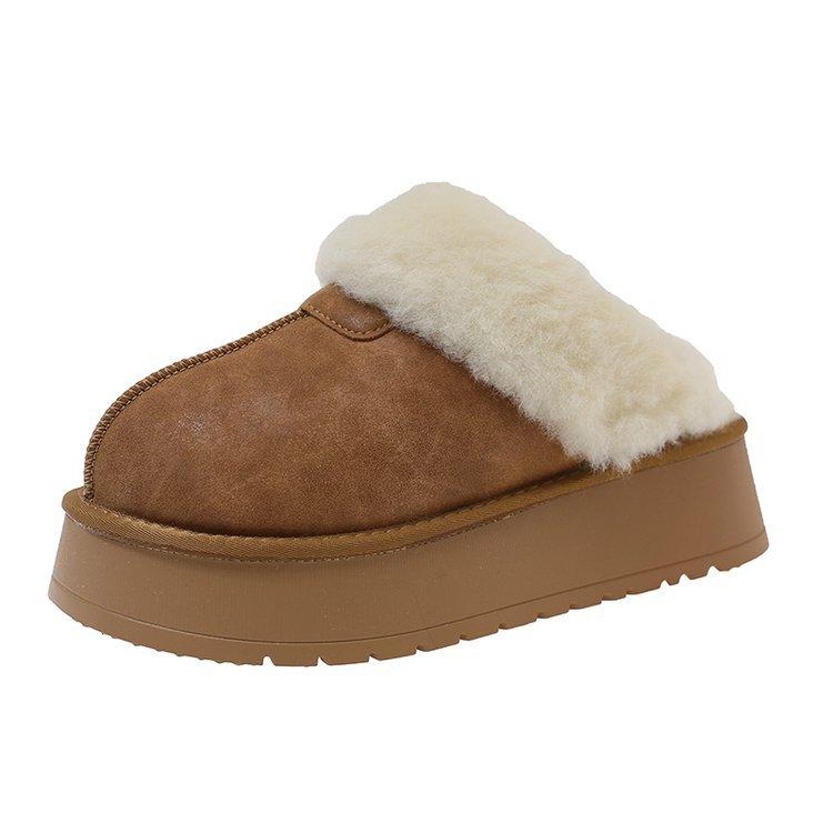 2025 new snow boots women's winter fur integrated wool mouth velvet thick bottom warm outer wear bag head half slippers
