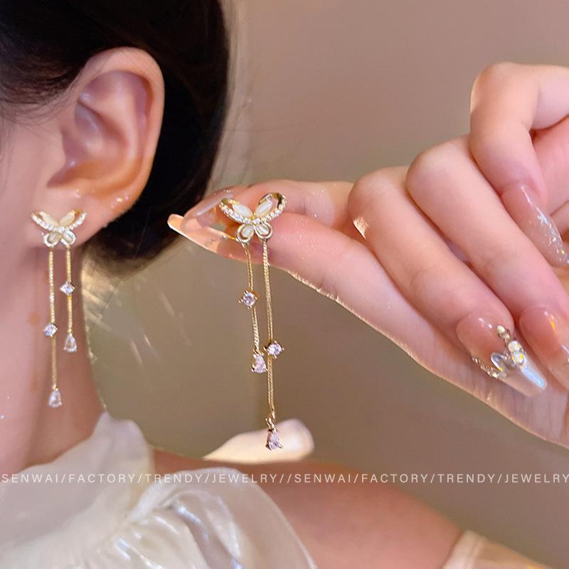 Miniature zircon butterfly fringed earrings femininity stud earrings