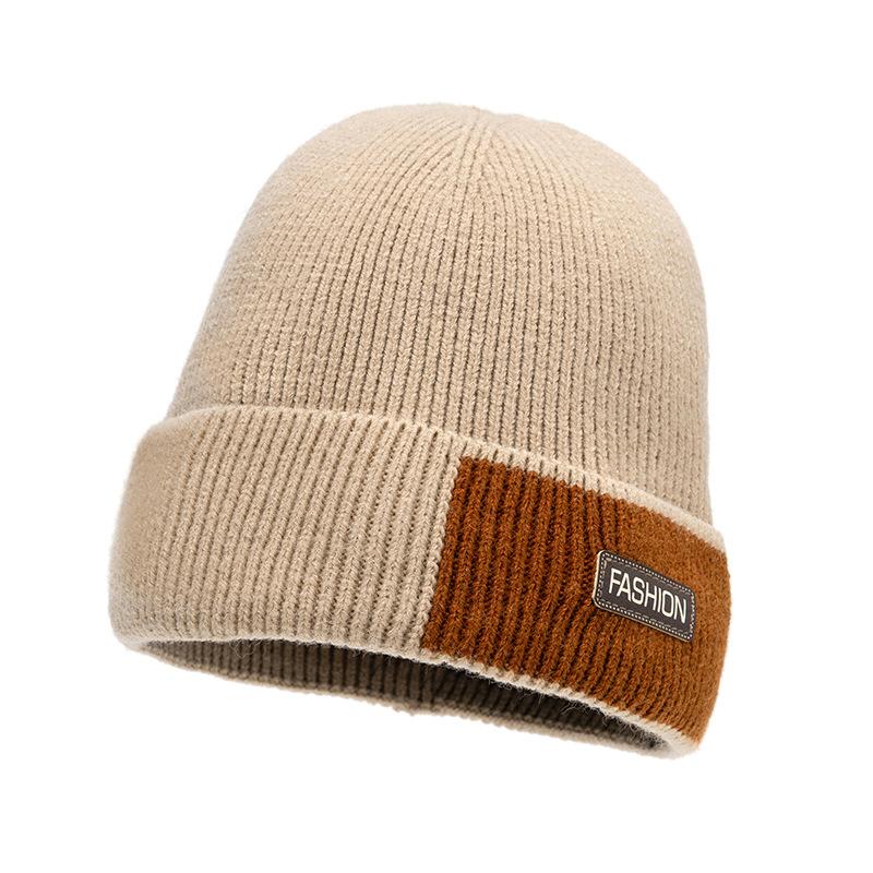 Winter Wool Knitted Hat Men's Fleece Thick Color Block Hat Outdoor Cycling Windproof Cap